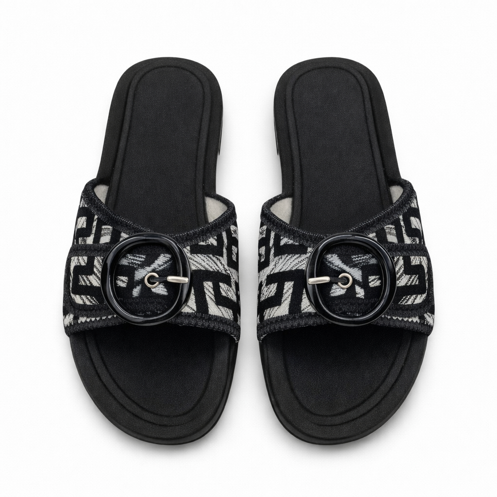 Stylish Open Toe Sandal with Geometric Strap and Black Buckle